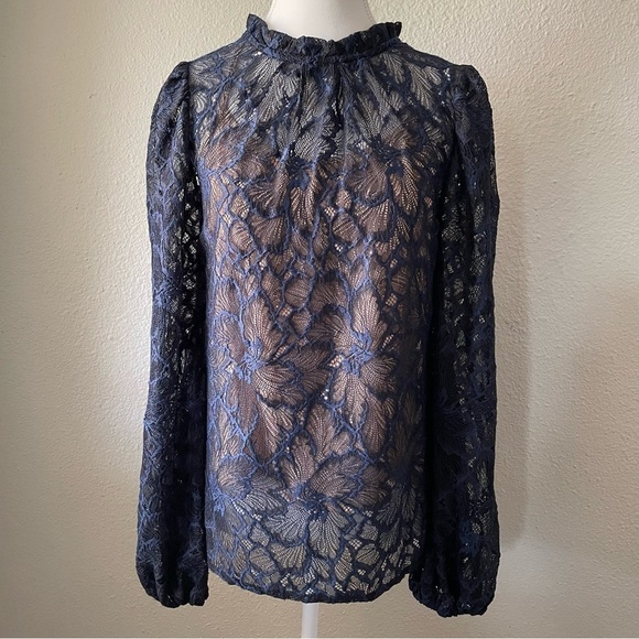 Wayf Tops - NWT WAYF Emma Puff Sleeve Lace Top Blouse Womens S Navy Floral Mock Neck Elegant
